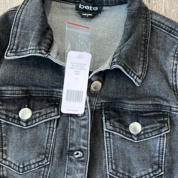 Bebe Button Down Slim Belted Washed Black Denim Jumpsuit - Picture 6 of 7